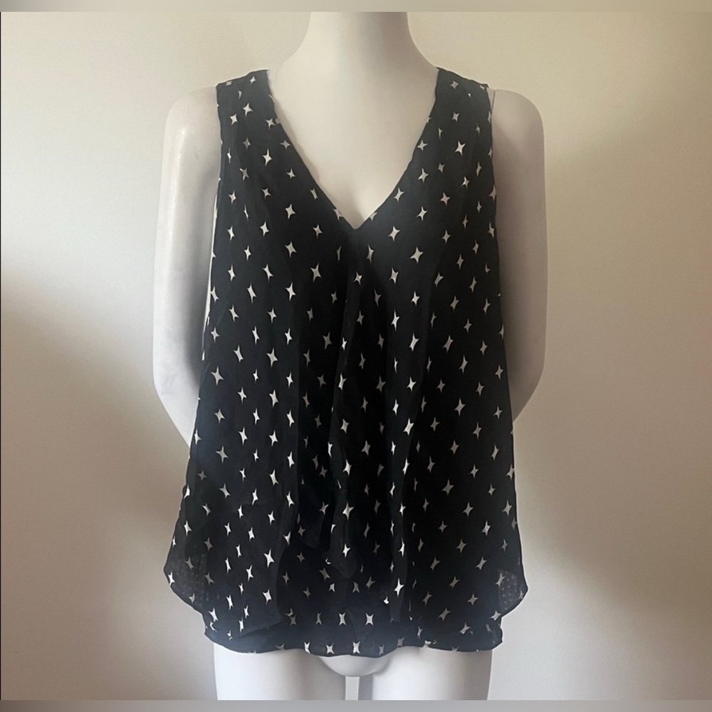 Theory Black Sleeveless V-Neck Blouse with White Star Print